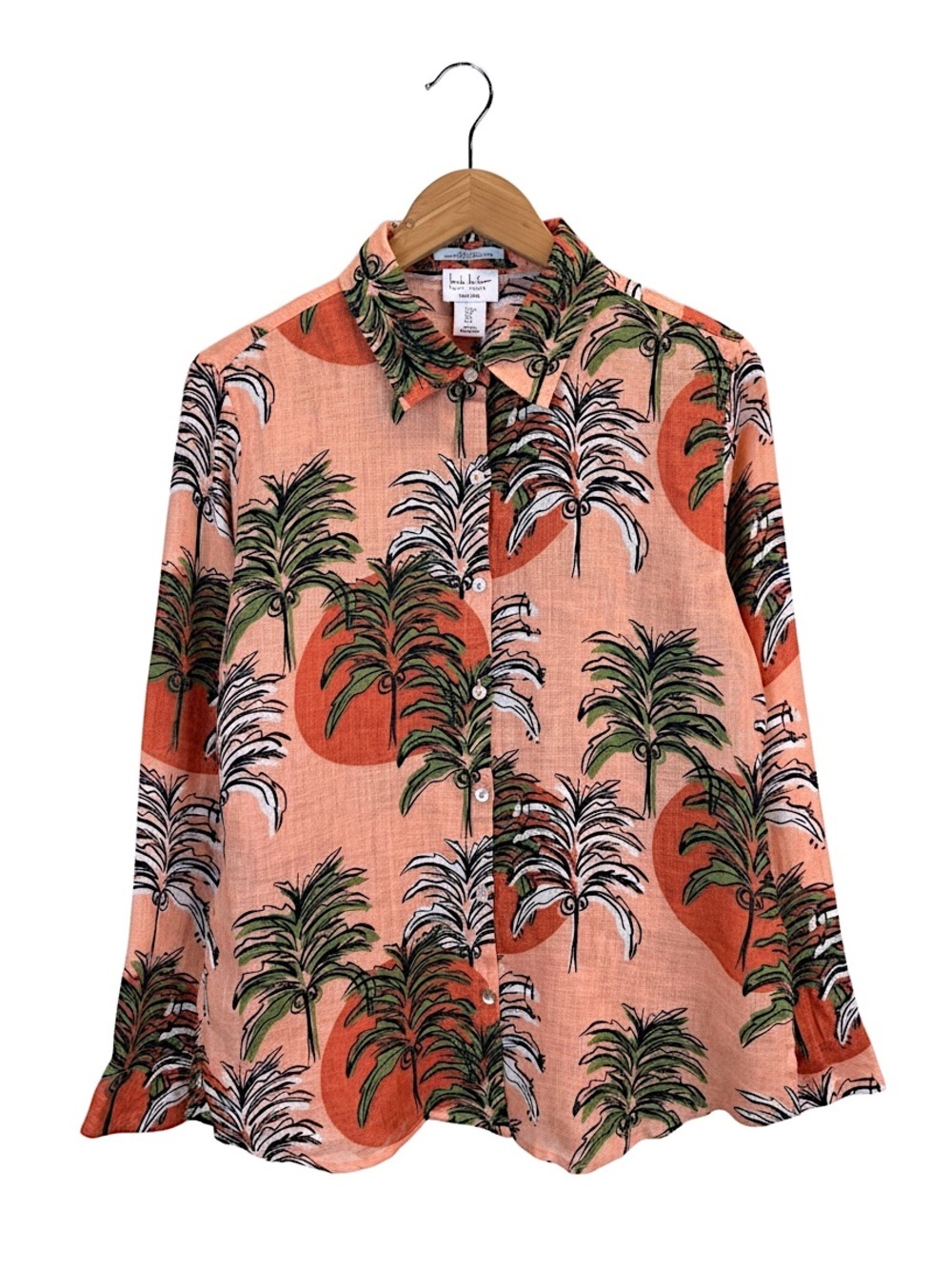 Nicole Miller Linen Palm Print Button Up Shirt Coastal Resort Top Small Relaxed